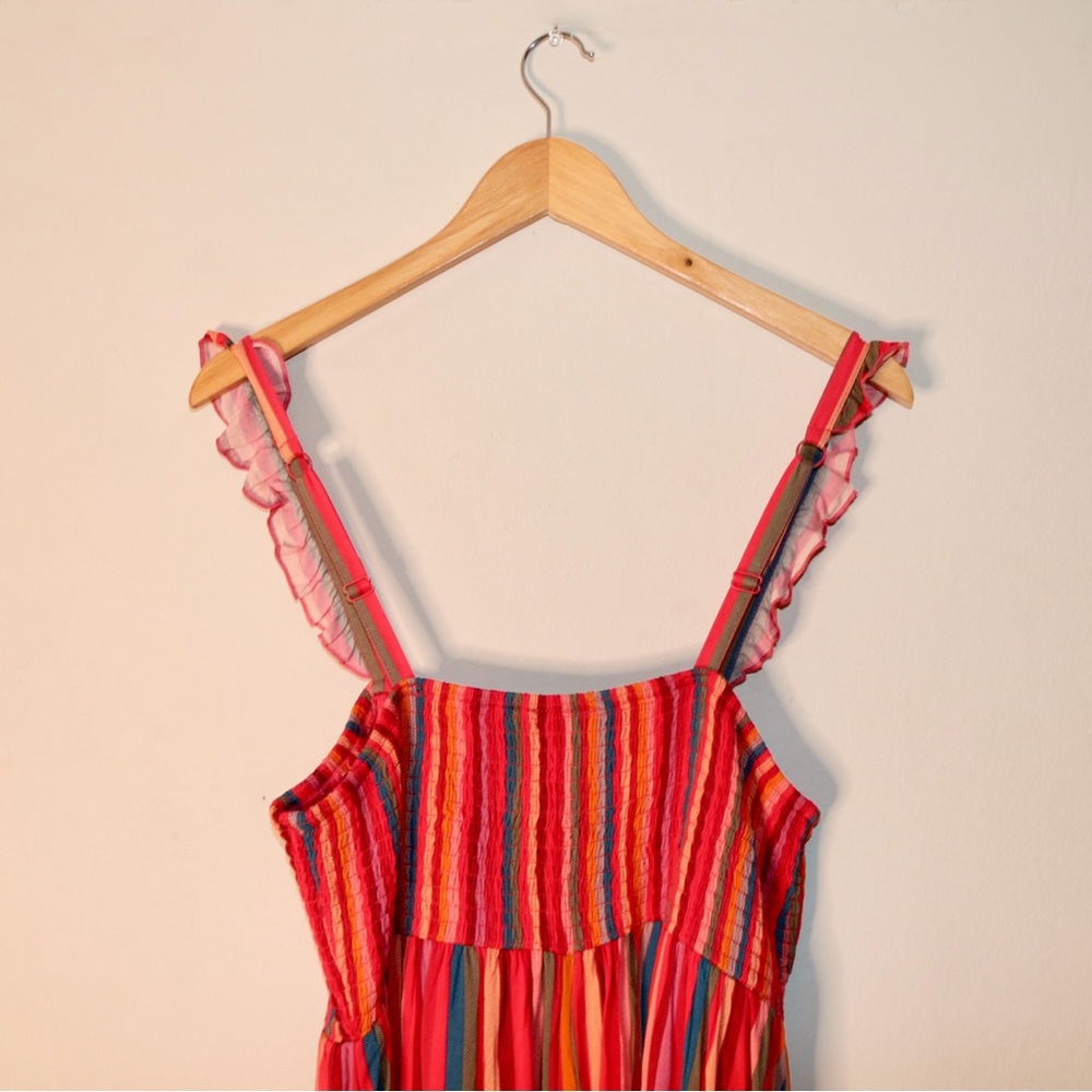 Torrid Midi Challis Smocked Tiered Dress in Stripe Pink - Picture 7 of 13
